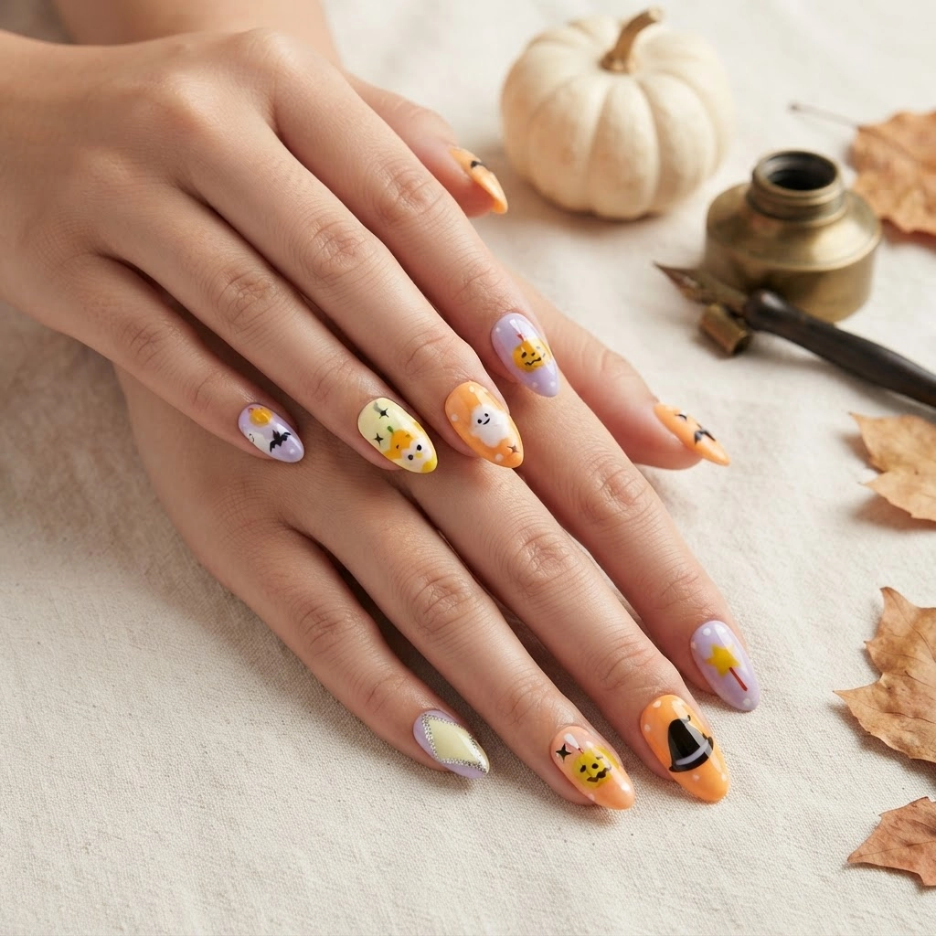 Colorful Halloween Ghost And Pumpkin Art, Press On Nails, For Spooky Season