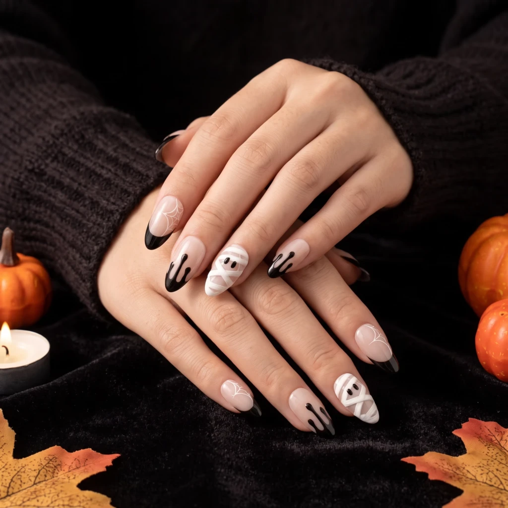 Black Mummy And Spiderweb Tips, Almond Press On Nails, Halloween Party Gift