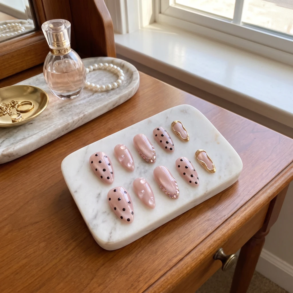 Pink Polka Dot And Gold Chrome, Almond Press On Nails, Elegant Daily Wear