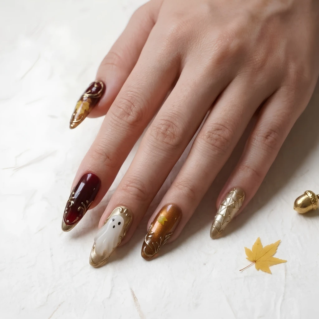 Burgundy And Gold Ghost Charm, Stiletto Press On Nails, Fall Halloween Party
