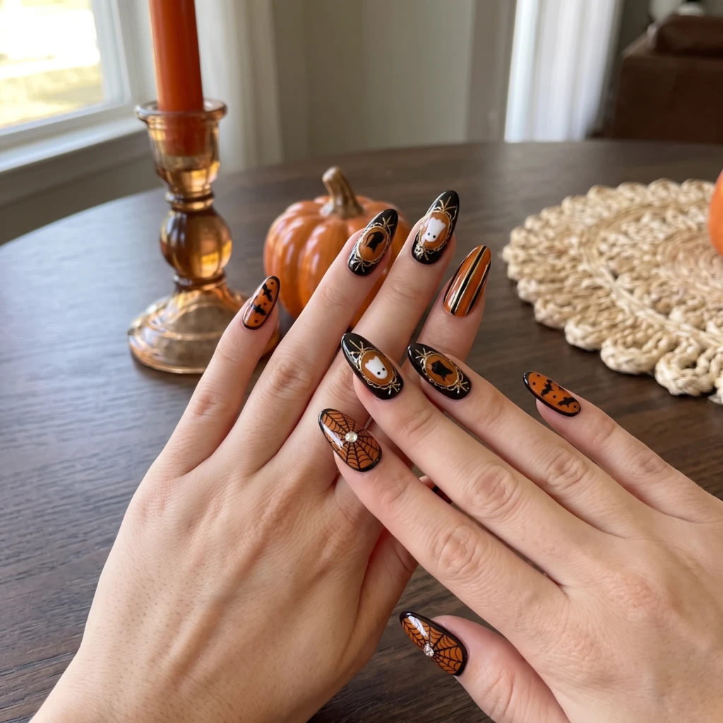 Black Orange Spiderweb Bat Nails, Long Almond Press On Nails, Halloween Party