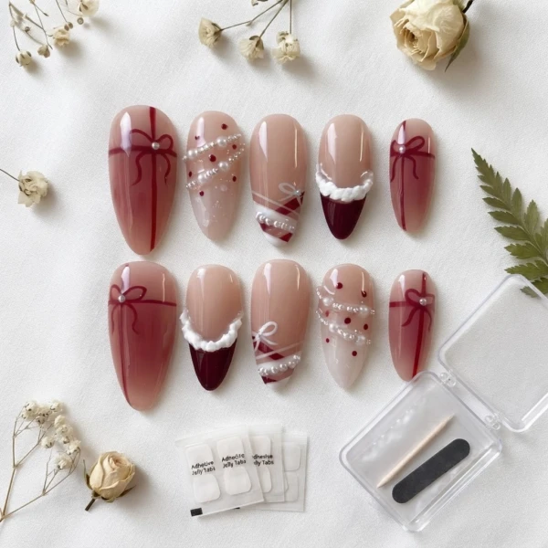 Red 3D Christmas Bows & Pearls, Press On Nails, Festive Holiday Gift Idea