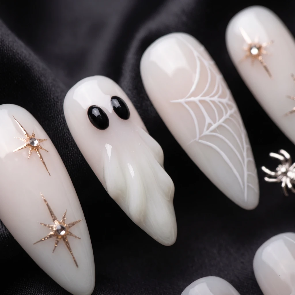 White Ghost And Spider Web Art, Press On Nails, Halloween Party Manicure