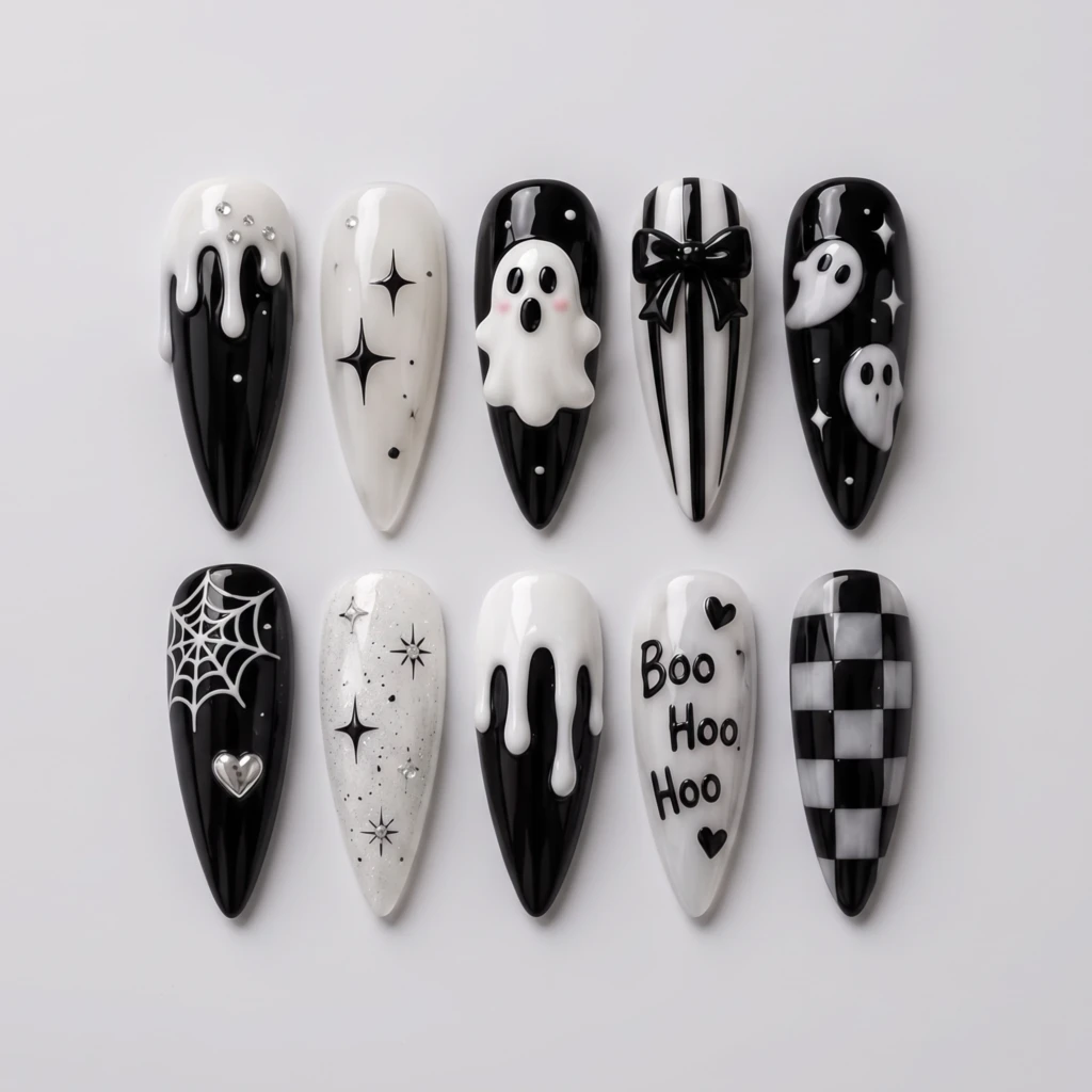Black And White Ghost And Spiderweb Art, Stiletto Nails, Halloween Costume