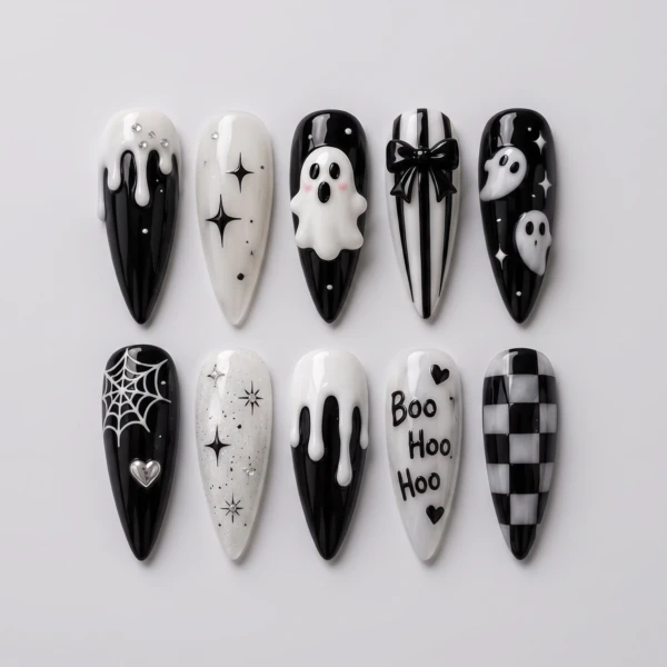 Black And White Ghost And Spiderweb Art, Stiletto Nails, Halloween Costume