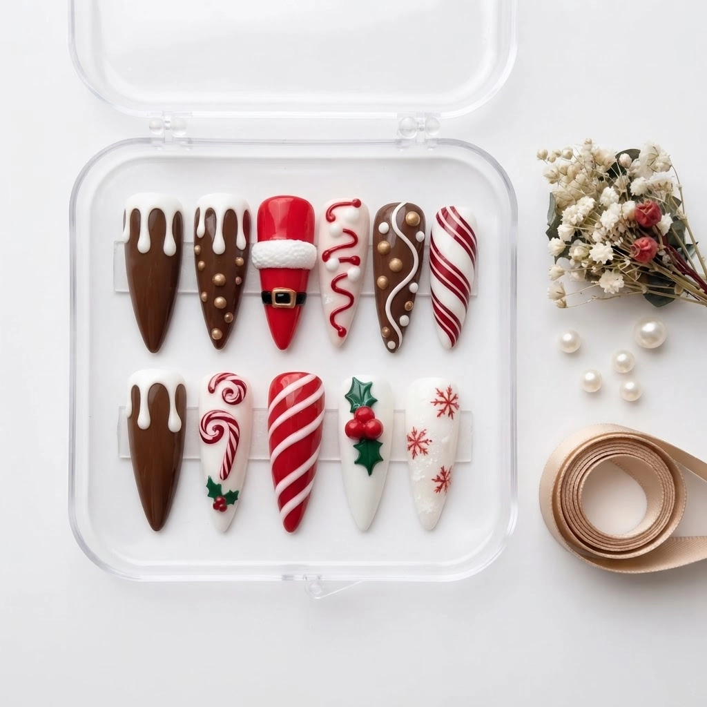 Red 3D Santa Candy Cane Gingerbread Press On Nails, Festive Holiday Gift