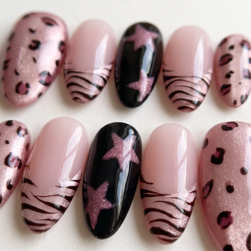 Pink Leopard Star Zebra Design, Y2K Press On Nails, Night Party Gift Idea