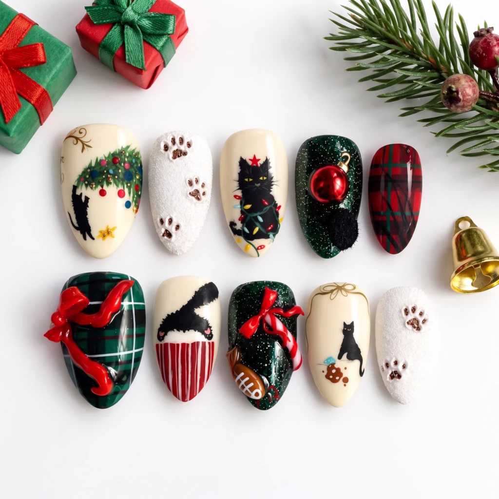 Green And Red Christmas Cat Tartan Bows, Press On Nails, Holiday Party Gift