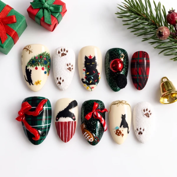Green And Red Christmas Cat Tartan Bows, Press On Nails, Holiday Party Gift