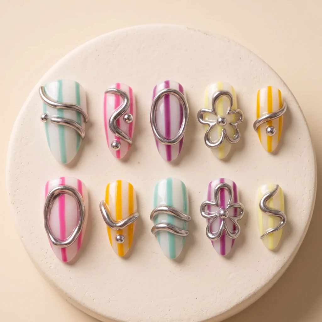 Rainbow Candy Stripe 3D Chrome Nails, Press On Nails, Summer Holiday Gift
