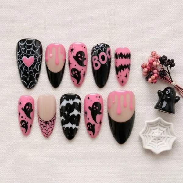 Pink And Black Ghost Spider Web Art, Press On Nails, For Halloween Costume