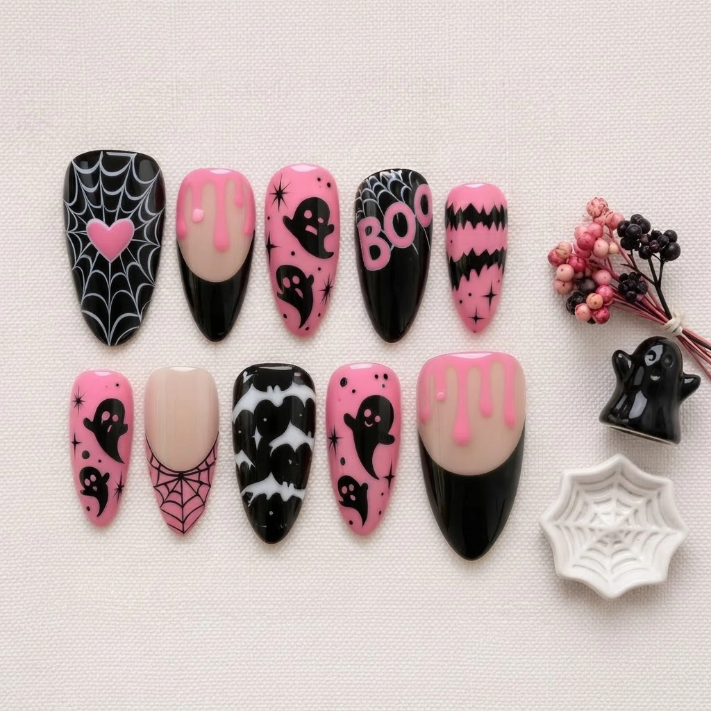 Pink And Black Ghost Spider Web Art, Press On Nails, For Halloween Costume