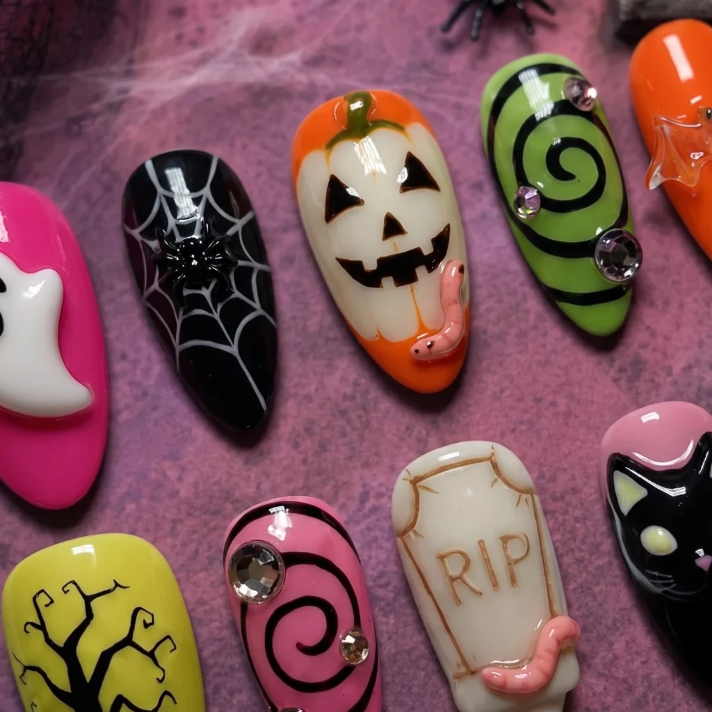 Colorful 3D Halloween Ghost Pumpkins, Press On Nails, Spooky Costume Party