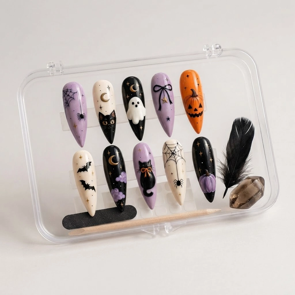 Purple And Black Cat Ghost Pumpkin Art, Press On Nails, Halloween Party