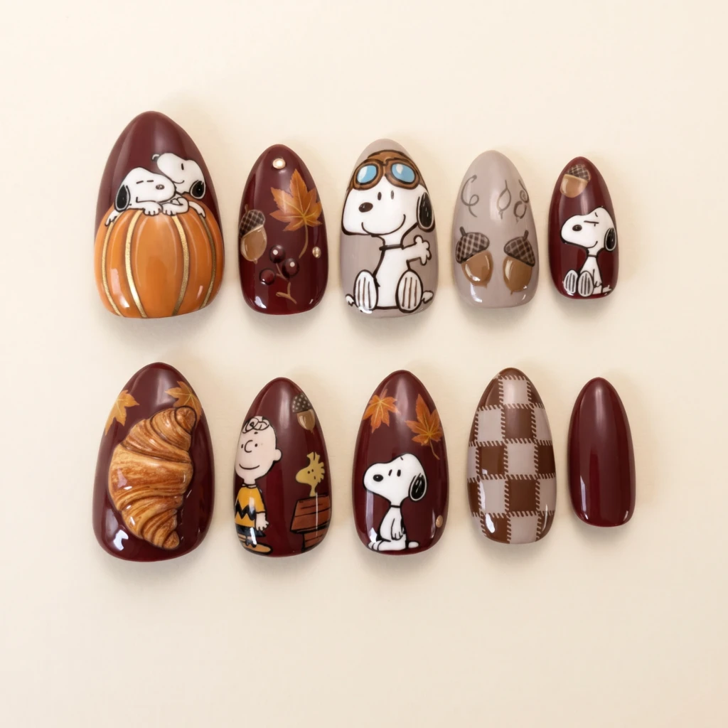 Burgundy Snoopy Thanksgiving Art, Almond Press On Nails, Holiday Manicure