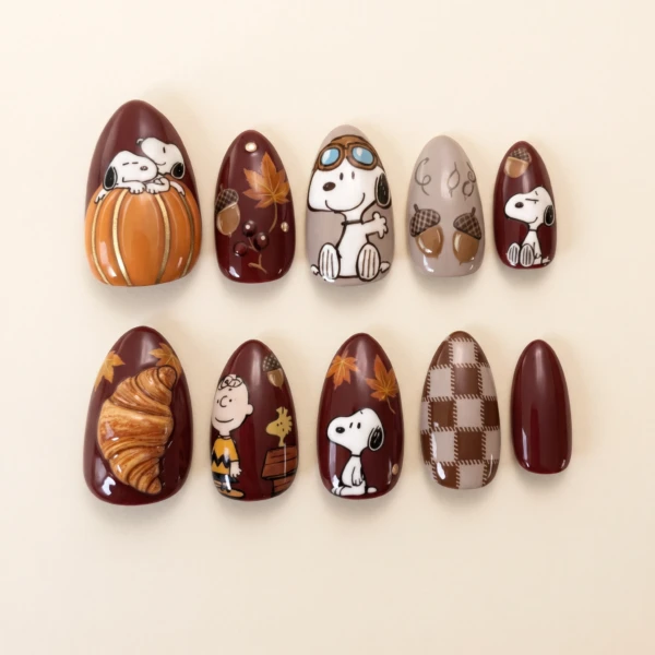 Burgundy Snoopy Thanksgiving Art, Almond Press On Nails, Holiday Manicure