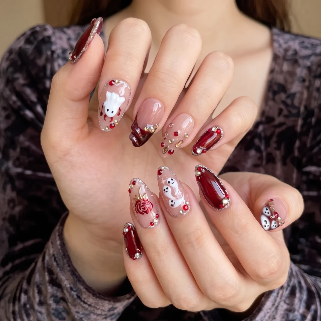 Wine Red Ghost Bunny And Rose, Almond Press On Nails, For Halloween Parties