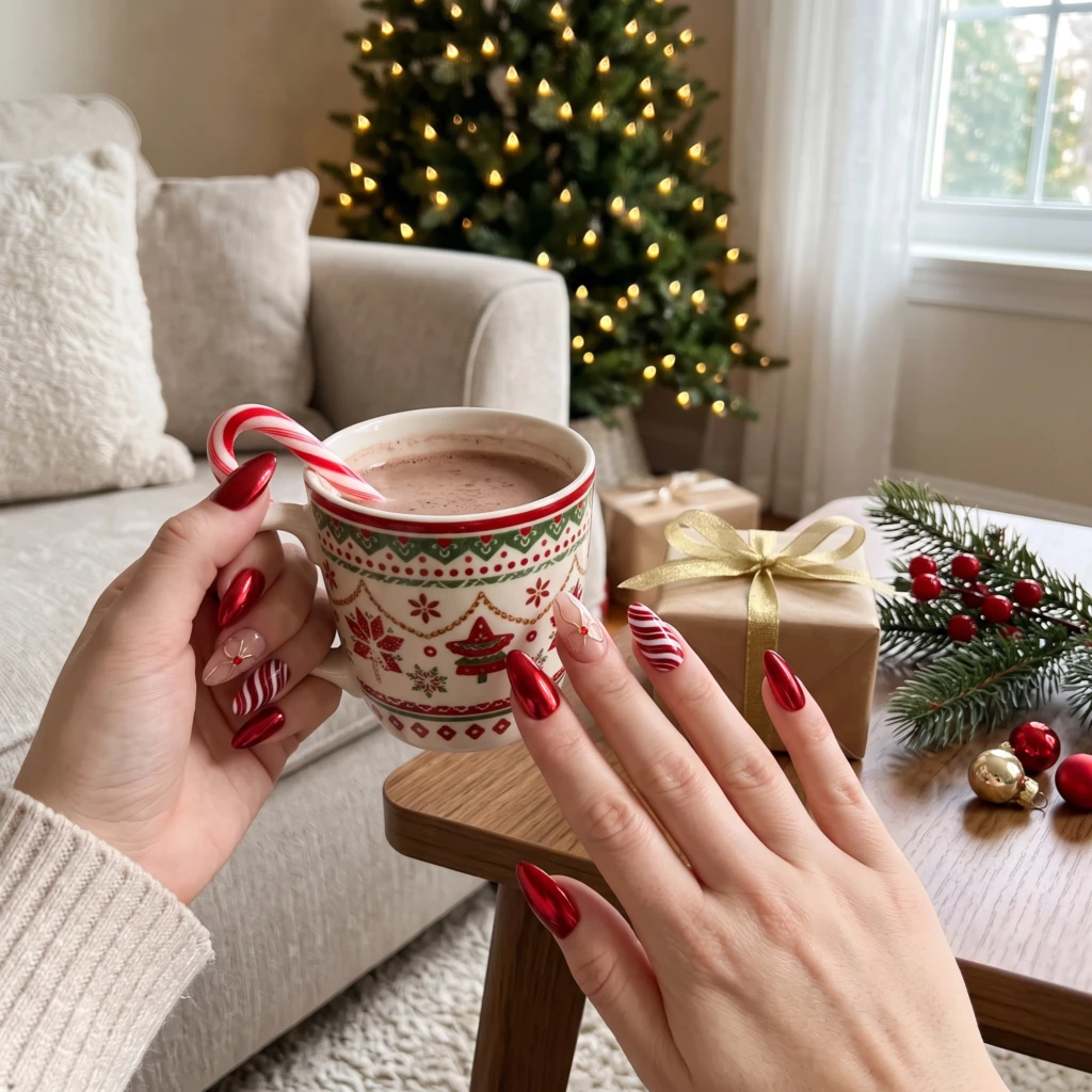 Red Snowflake And Candy Cane, Almond Press On Nails, Christmas Holiday Gift