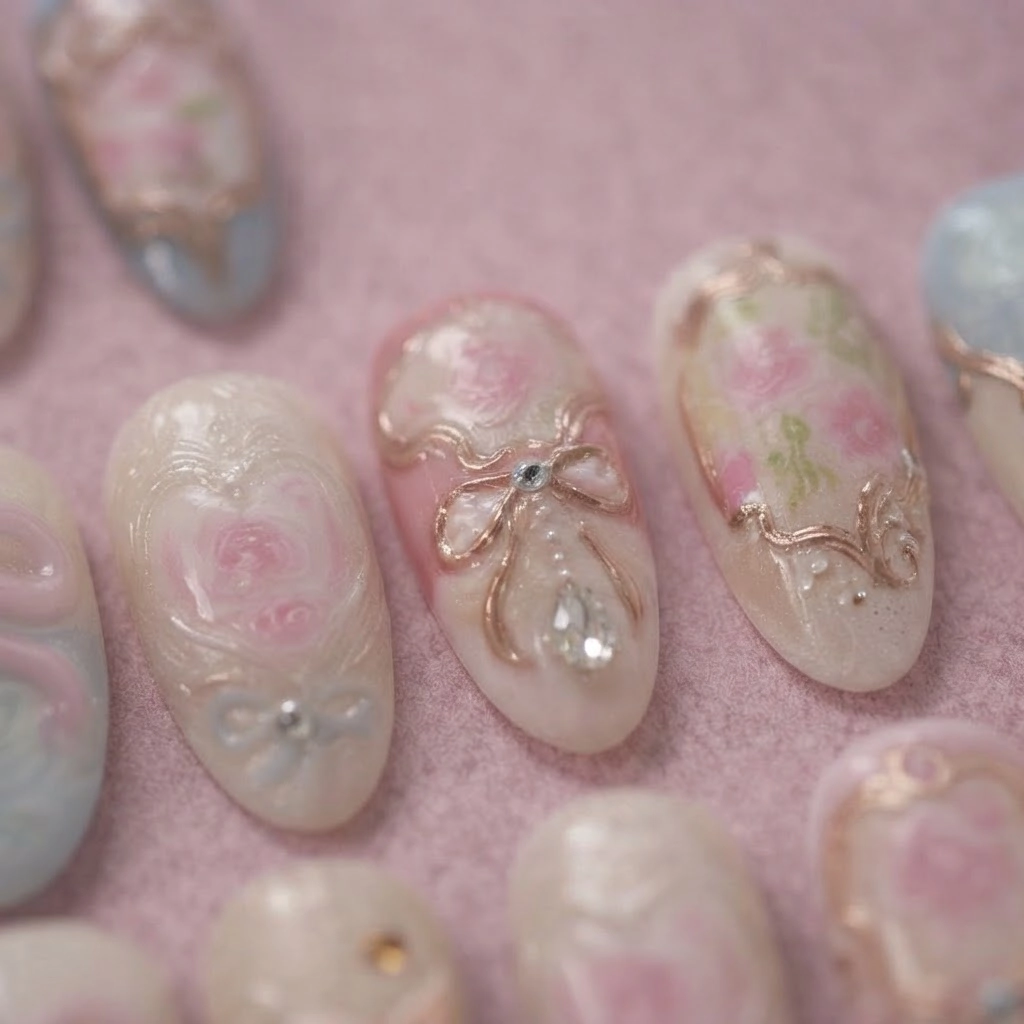 Pink Floral Rose Vintage Bow Design, Almond Press On Nails, For Wedding Gift