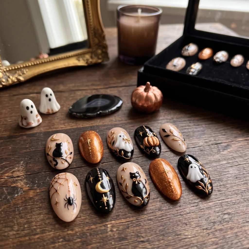 Black Copper Ghost And Pumpkin Art, Almond Press On Nails, Halloween Party
