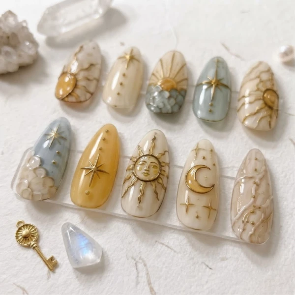 Gold Beige Celestial Sun Moon Design, Press On Nails, Special Occasions