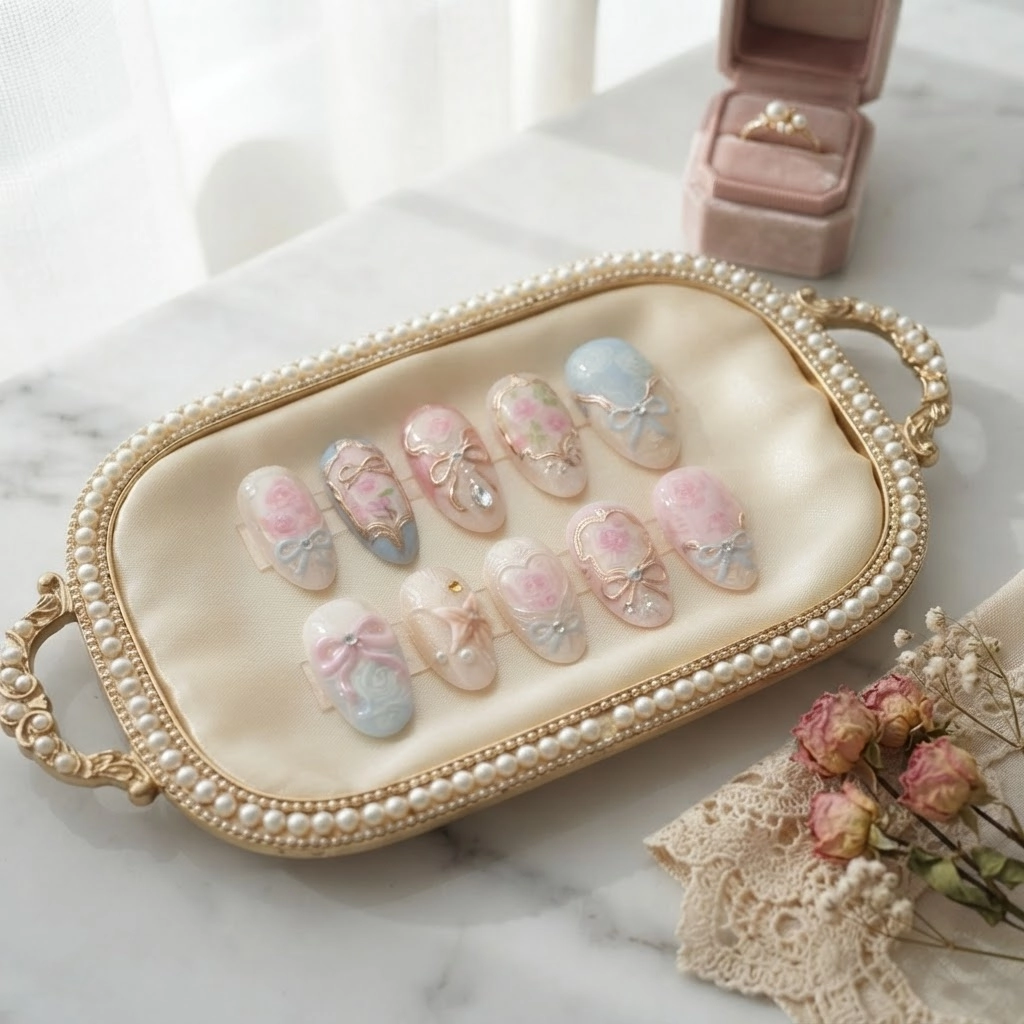 Pink Floral Rose Vintage Bow Design, Almond Press On Nails, For Wedding Gift