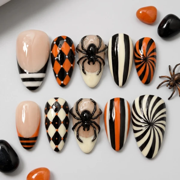 Orange Black 3D Spider Harlequin Design, Press On Nails, Halloween Costume