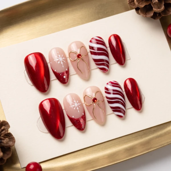 Red Snowflake And Candy Cane, Almond Press On Nails, Christmas Holiday Gift