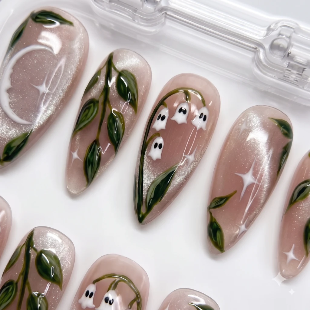 Nude Shimmer Ghost Lily Valley, Almond Press On Nails, Halloween Gift Set
