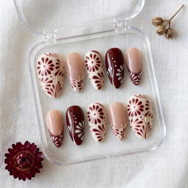 Maroon Boho Floral Art, Handmade Press On Nails Set, Everyday & Event Wear