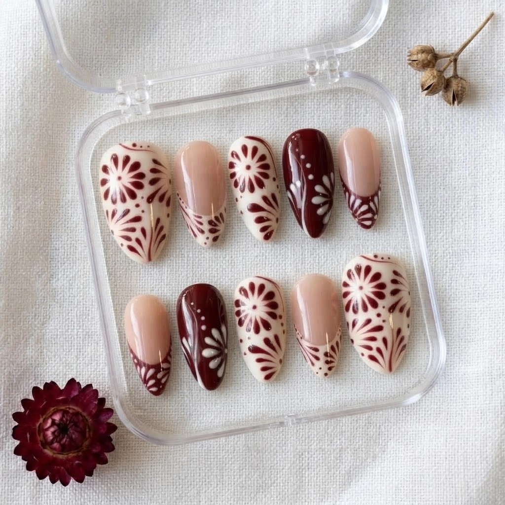 Maroon Boho Floral Art, Handmade Press On Nails Set, Everyday & Event Wear