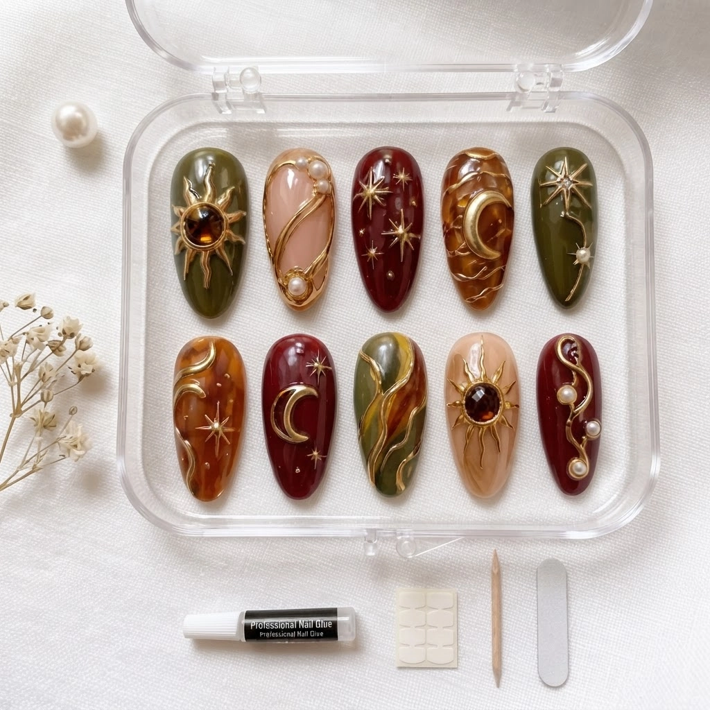 Dark Multicolor Celestial Sun Moon Press On Nails, Dark Academia Gift Set