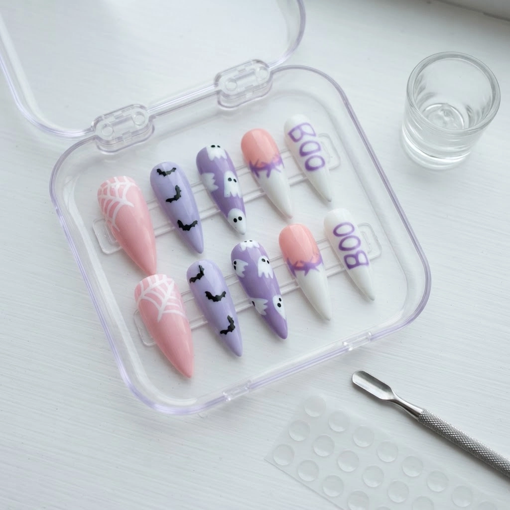 Pastel Pink And Purple Ghost Bat, Stiletto Press On Nails, Halloween Manicure