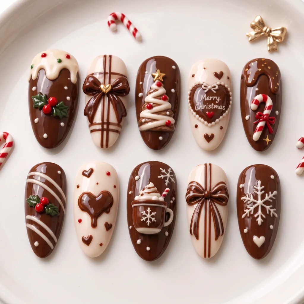 Chocolate Brown Christmas Candy And Bows, Press On Nails, Festive Holiday Gift