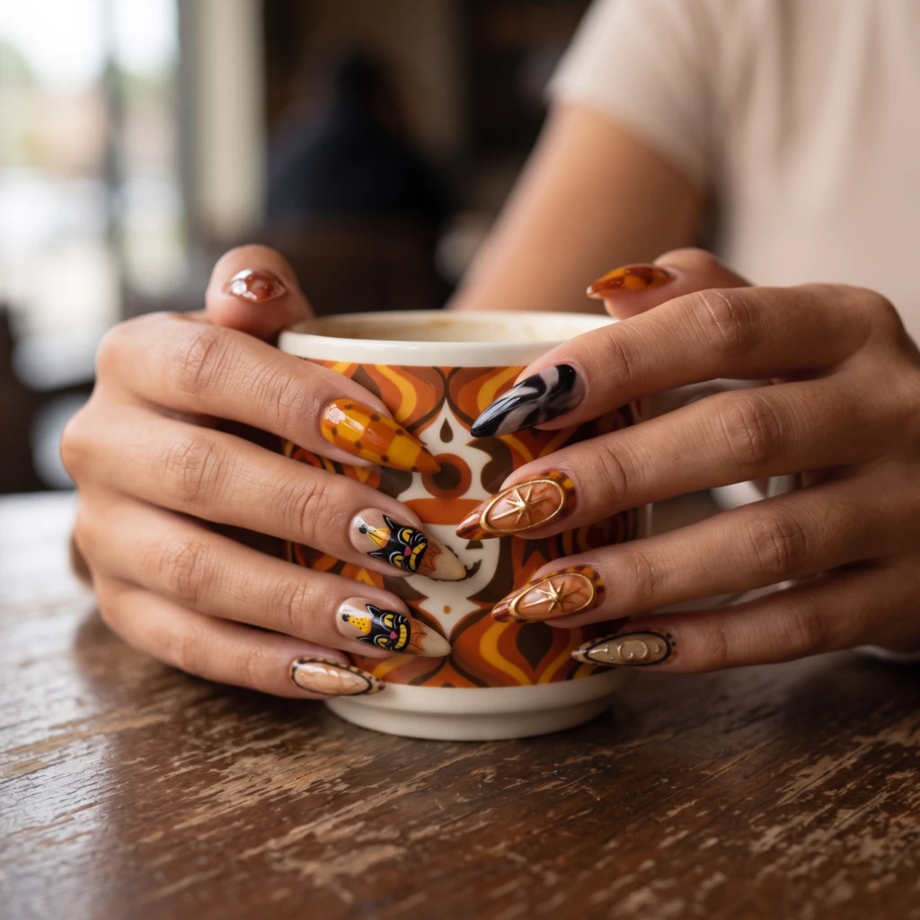 Orange Spooky Black Cat Design, Retro Press On Nails, Halloween Manicure
