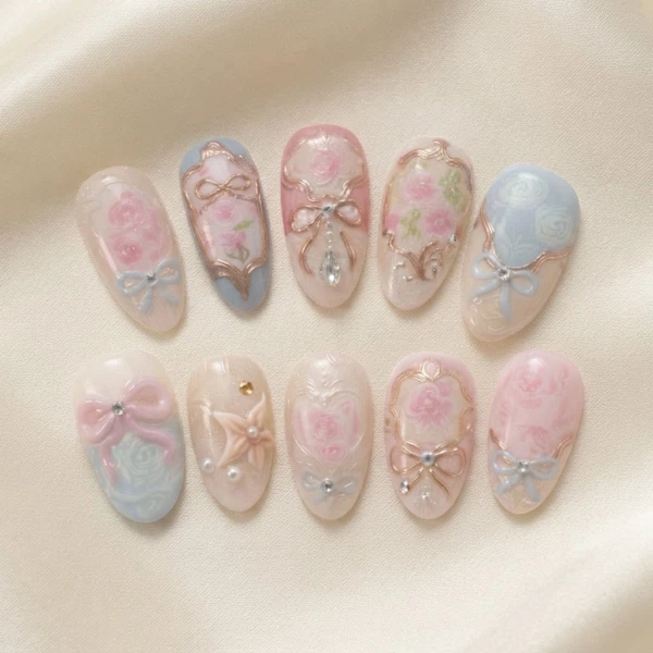 Pink Floral Rose Vintage Bow Design, Almond Press On Nails, For Wedding Gift