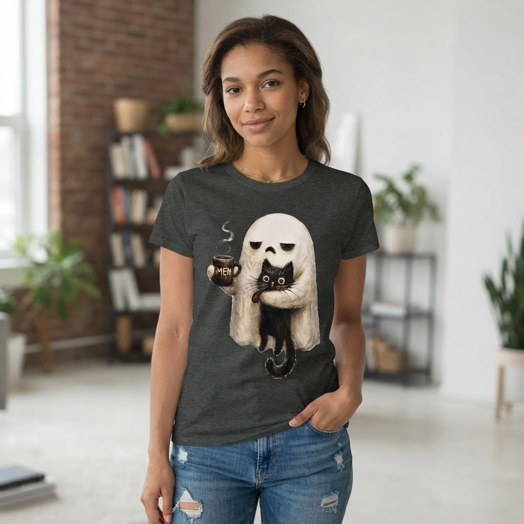 Ghost Cat Meh Coffee Mug Graphic Print, Unisex T-Shirt, Funny Halloween Gift