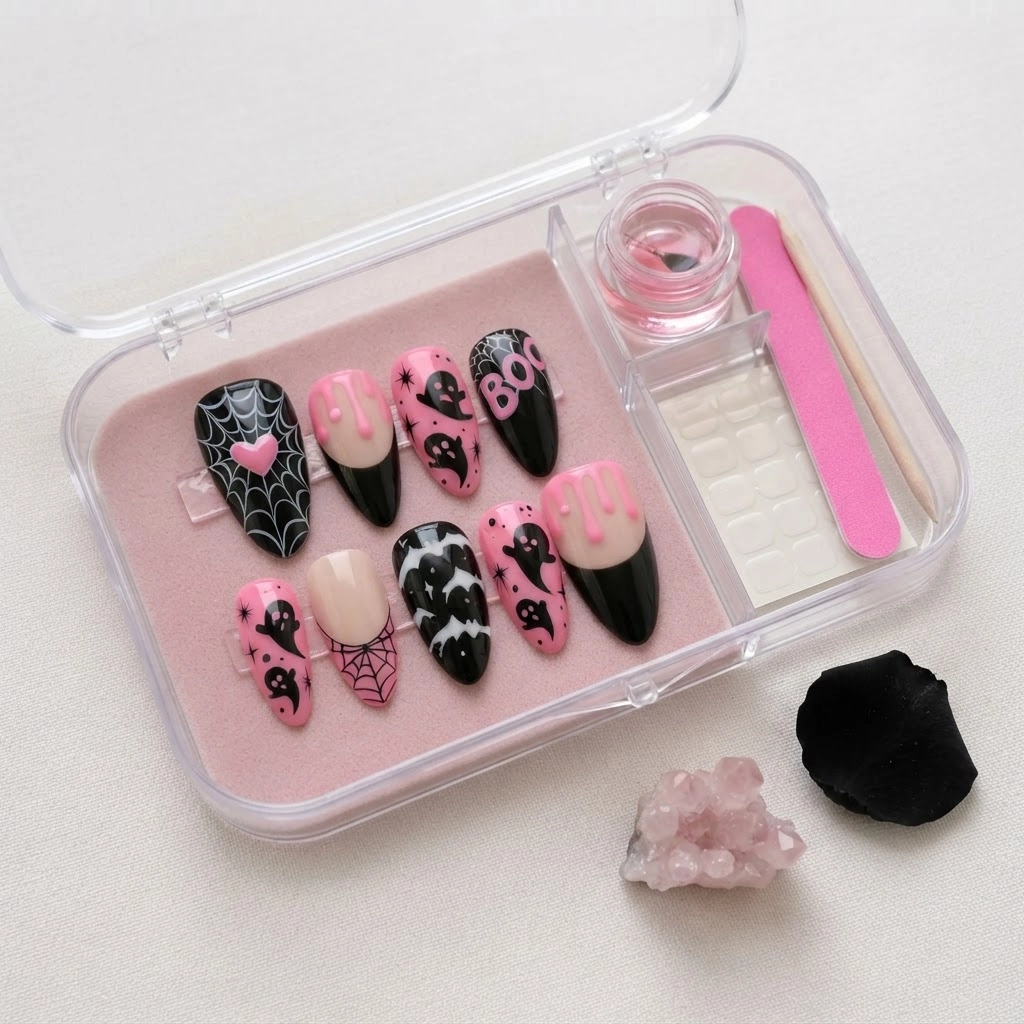 Pink And Black Ghost Spider Web Art, Press On Nails, For Halloween Costume