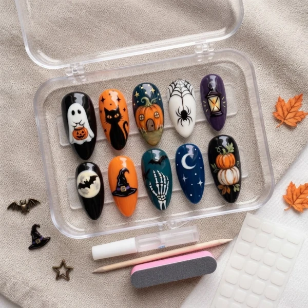 Multicolor Halloween Pumpkin Witch Cat Skeleton, Press On Nails, Party Gift