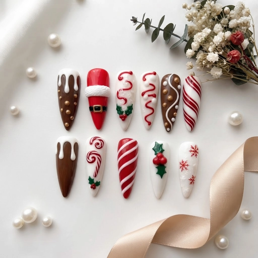Red 3D Santa Candy Cane Gingerbread Press On Nails, Festive Holiday Gift