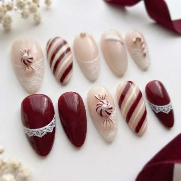 Burgundy Candy Cane Lace Design, Press On Nails Set, For Christmas Holiday
