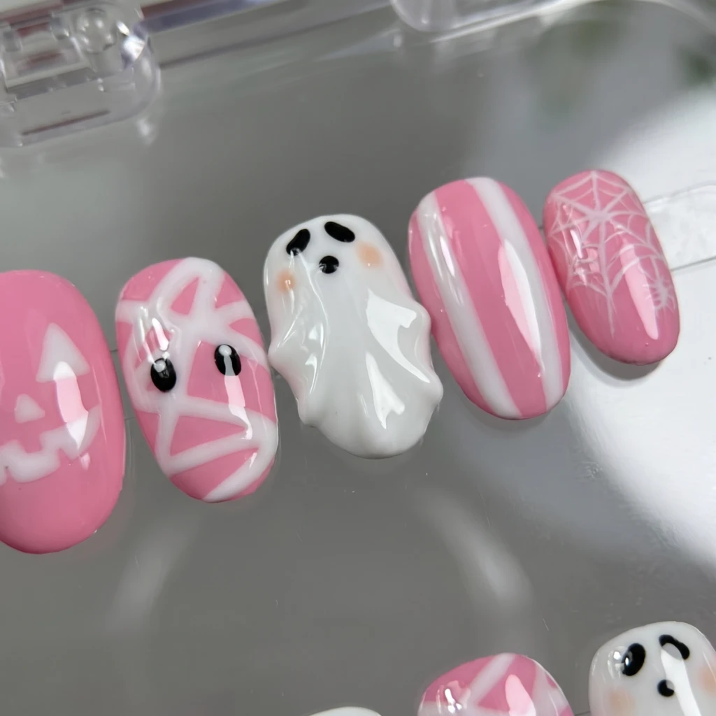 Pink Ghost And Mummy Pattern, Handmade Press On Nails, Spooky Halloween Gift