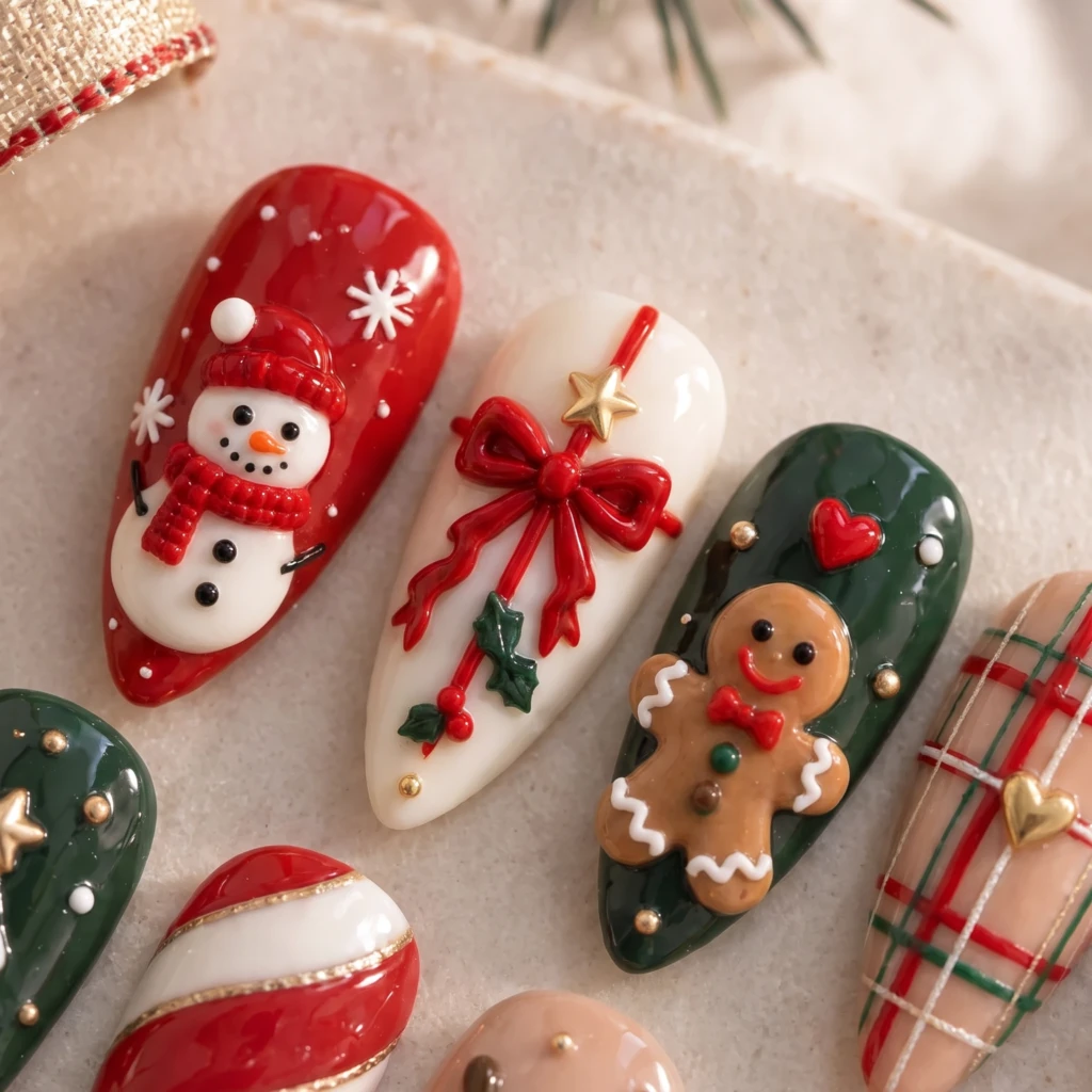 Red And Green Gingerbread Snowman Art, Press On Nails, Christmas Party Wear