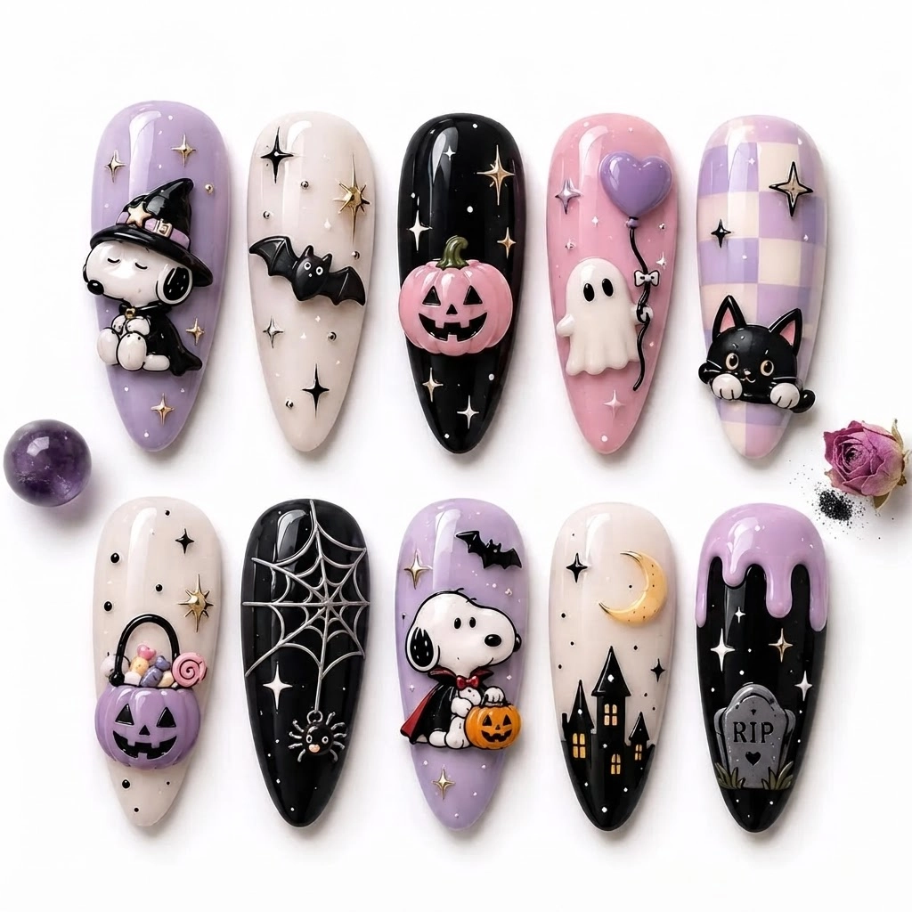 Pastel Halloween Snoopy Pumpkin Ghost, Press On Nails, For Fall Parties