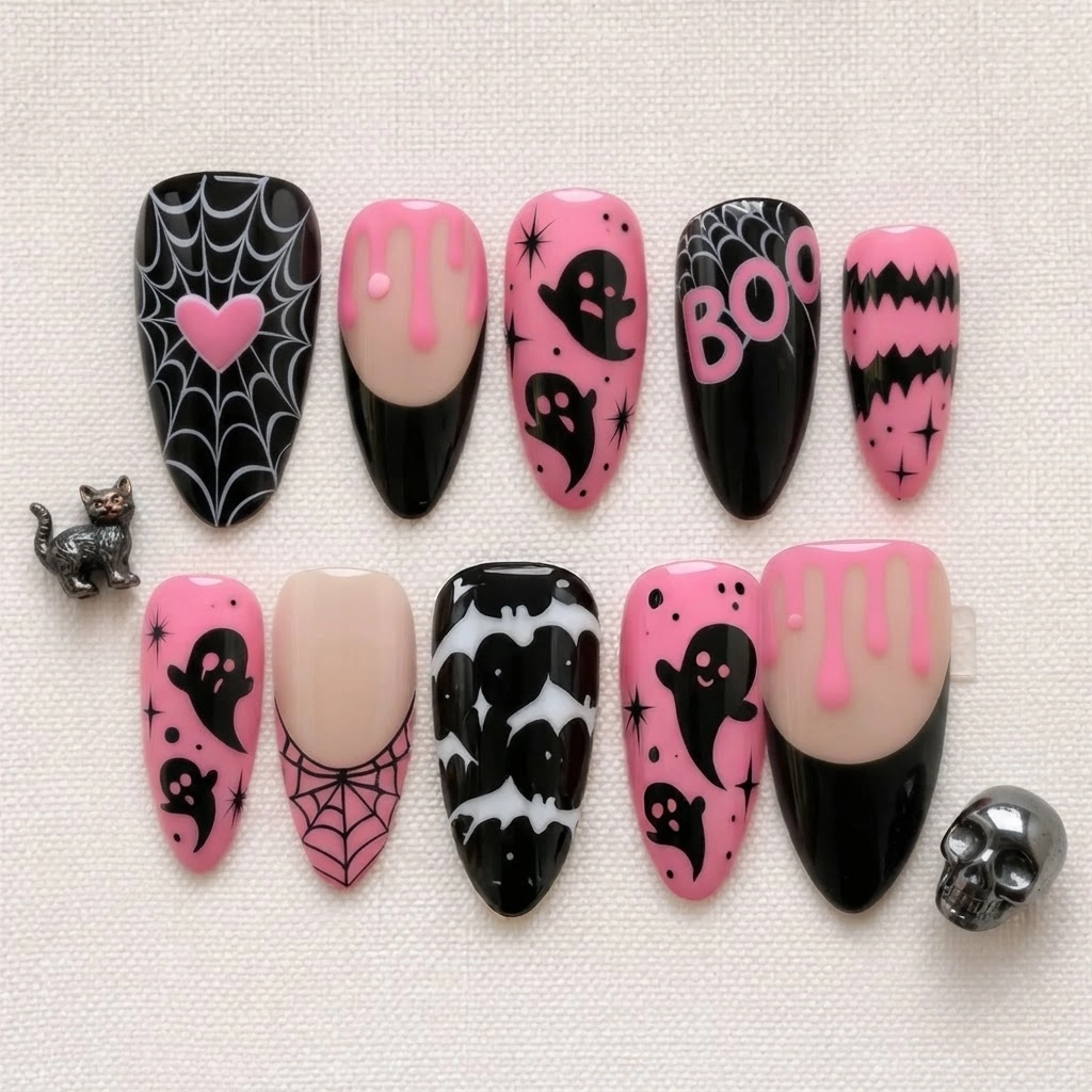 Pink And Black Ghost Spider Web Art, Press On Nails, For Halloween Costume