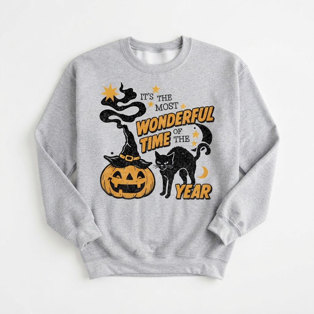 Most Wonderful Time Black Cat Pumpkin Design, Sweatshirt, Spooky Grey Fall