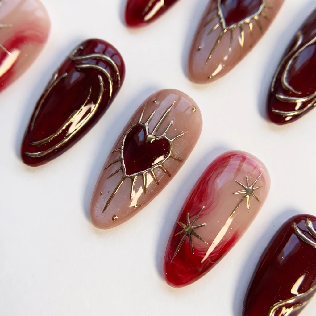 Burgundy Gold Chrome Heart Star, Almond Press On Nails, Holiday Party Look