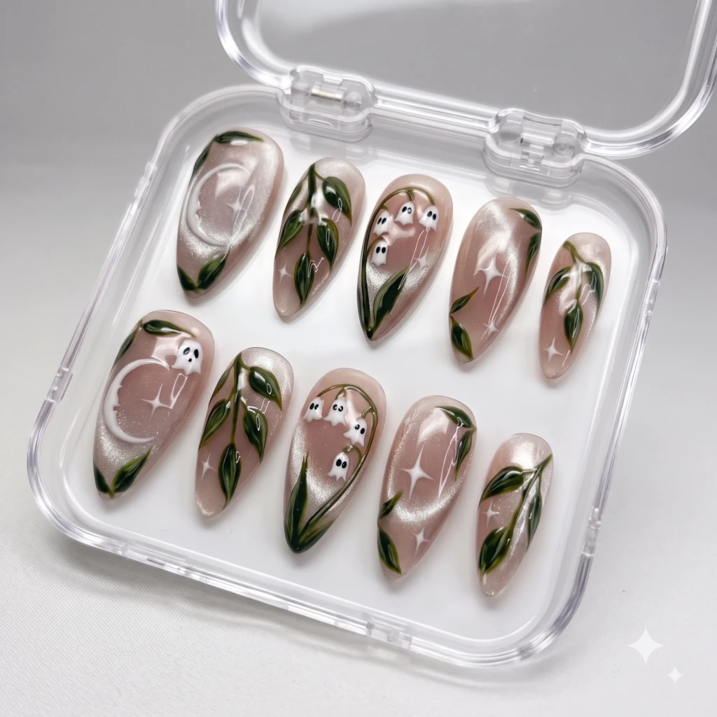 Nude Shimmer Ghost Lily Valley, Almond Press On Nails, Halloween Gift Set
