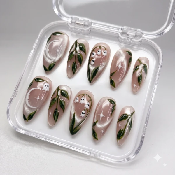 Nude Shimmer Ghost Lily Valley, Almond Press On Nails, Halloween Gift Set