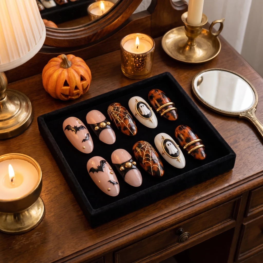 Tortoiseshell Ghost And Spiderweb, Almond Press On Nails, Halloween Party